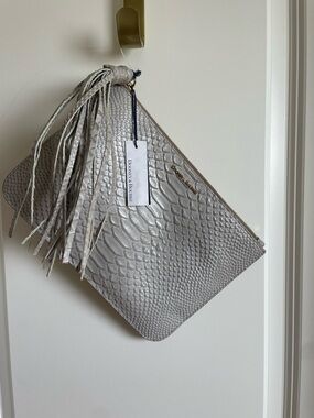 Dooney and Bourke Gray Snake-Embossed Leather Clutch with Tassel